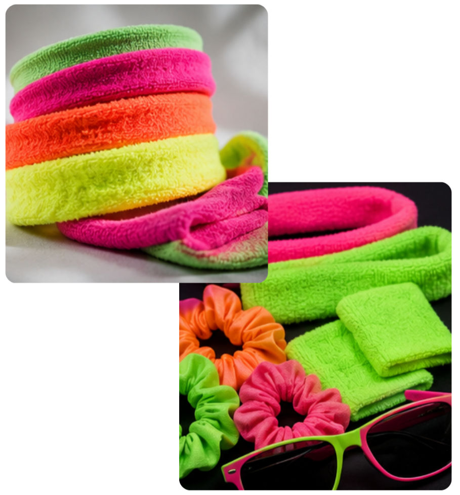 Neonfarbene Stirnbänder, Schweißbänder und Haargummis der 1980er Jahre in Pink, Grün und Orange.