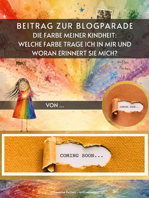 Gestaltungsvorlage für einen Blogparaden-Beitrag mit dem Regenbogenmädchen vor einer farbigen Erinne