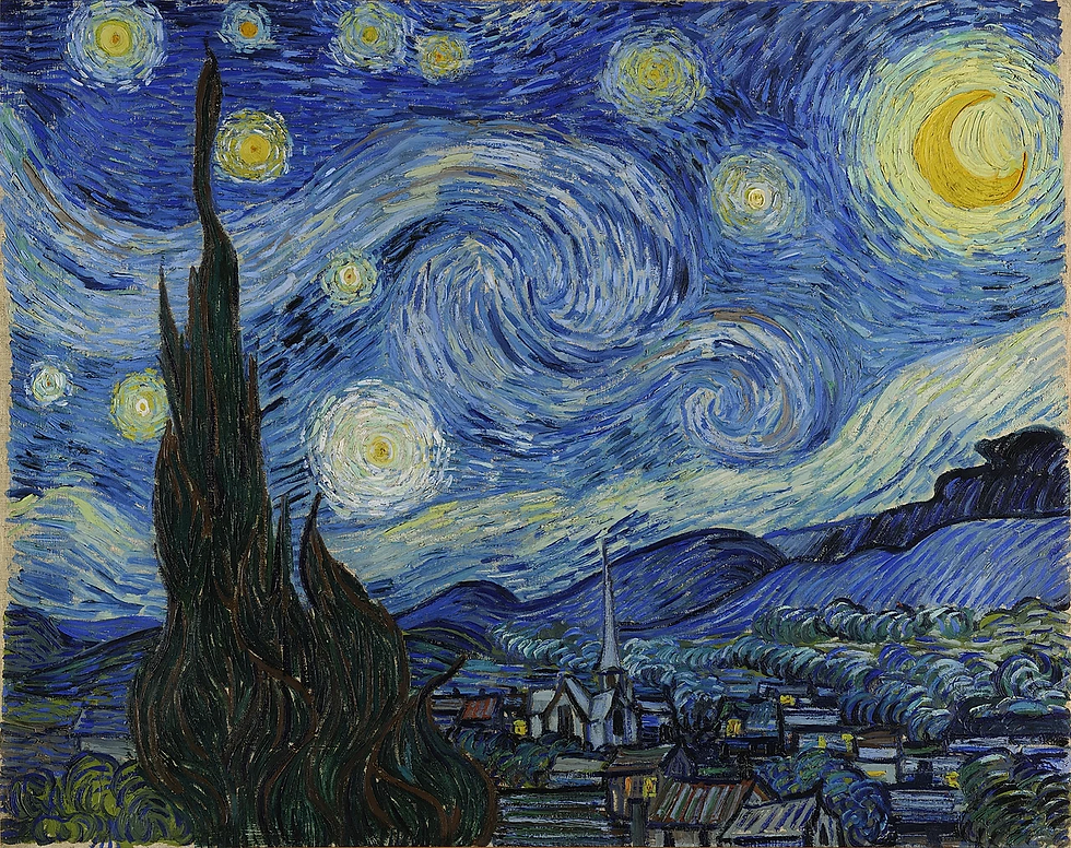 Ansicht von Vincent van Goghs Sternennacht, 1889, mit wirbelndem Nachthimmel über einem Dorf.