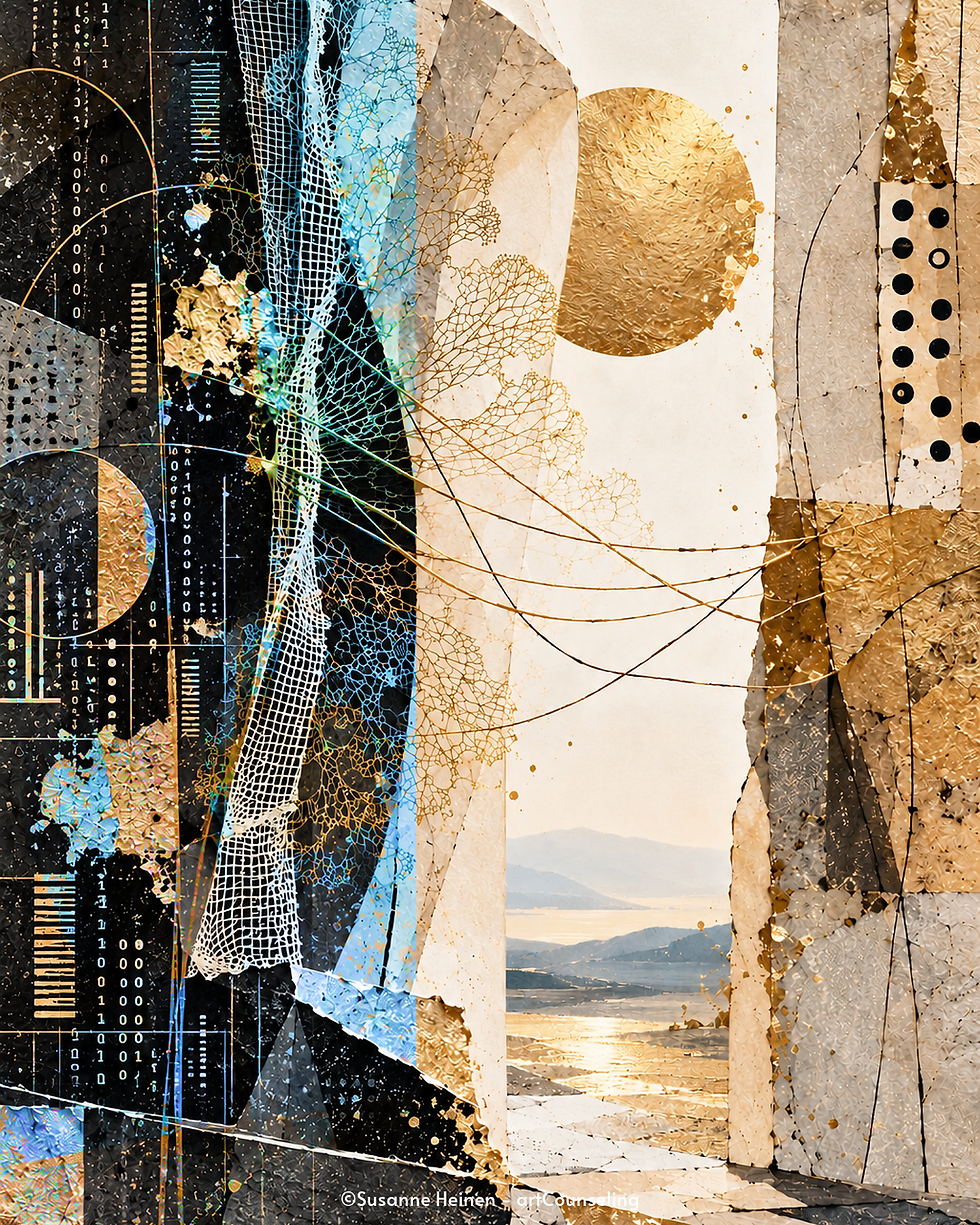 Collage von Susanne Heinen: links eine dunkle digitale Fläche mit Binärcode und Rastern, rechts helle Papierstrukturen mit Blattgold, dazwischen ein offener Blick in eine Landschaft, über den sich goldene Fäden spannen.