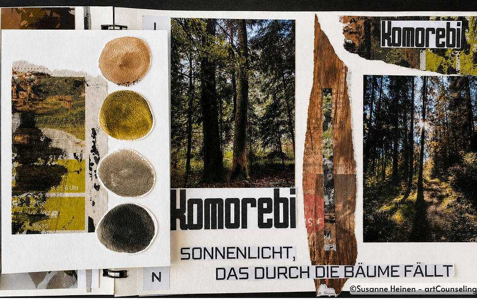 Moodboard zu Komorebi, Waldfotografien mit Sonnenlicht zwischen Bäumen, dazu vier grüne Farbproben und der Schriftzug „Komorebi, Sonnenlicht, das durch die Bäume fällt“.