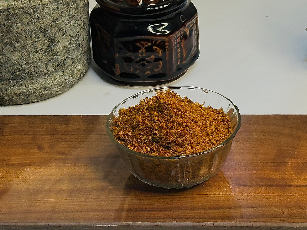 A light brown, nutty Pally Podi (Peanut Powder) in a ceramic bowl.