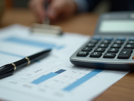 on a desk sits a calculator, a piece of paper with charts on it, and a pen