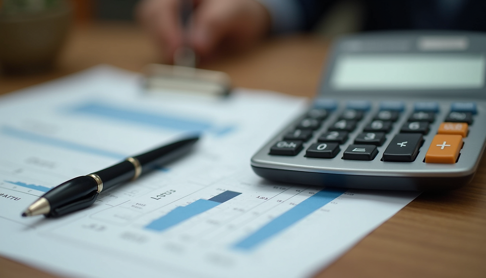 on a desk sits a calculator, a piece of paper with charts on it, and a pen