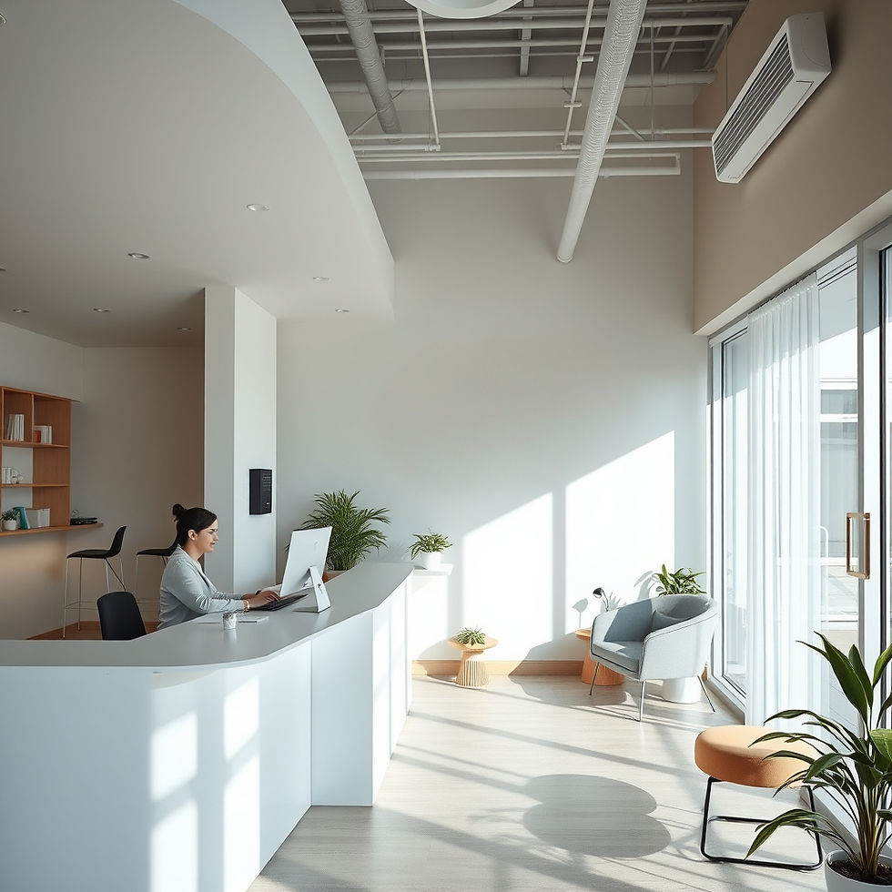 Modern counselling clinic reception area with administrative workspace, natural lighting, neutral tones, and a calm wellness clinic atmosphere.