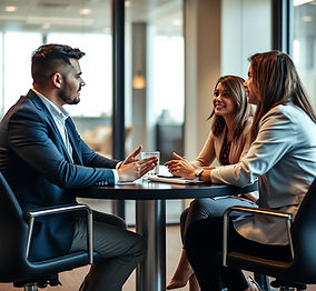 Meeting in a boardroom with 3 people sitting at a table