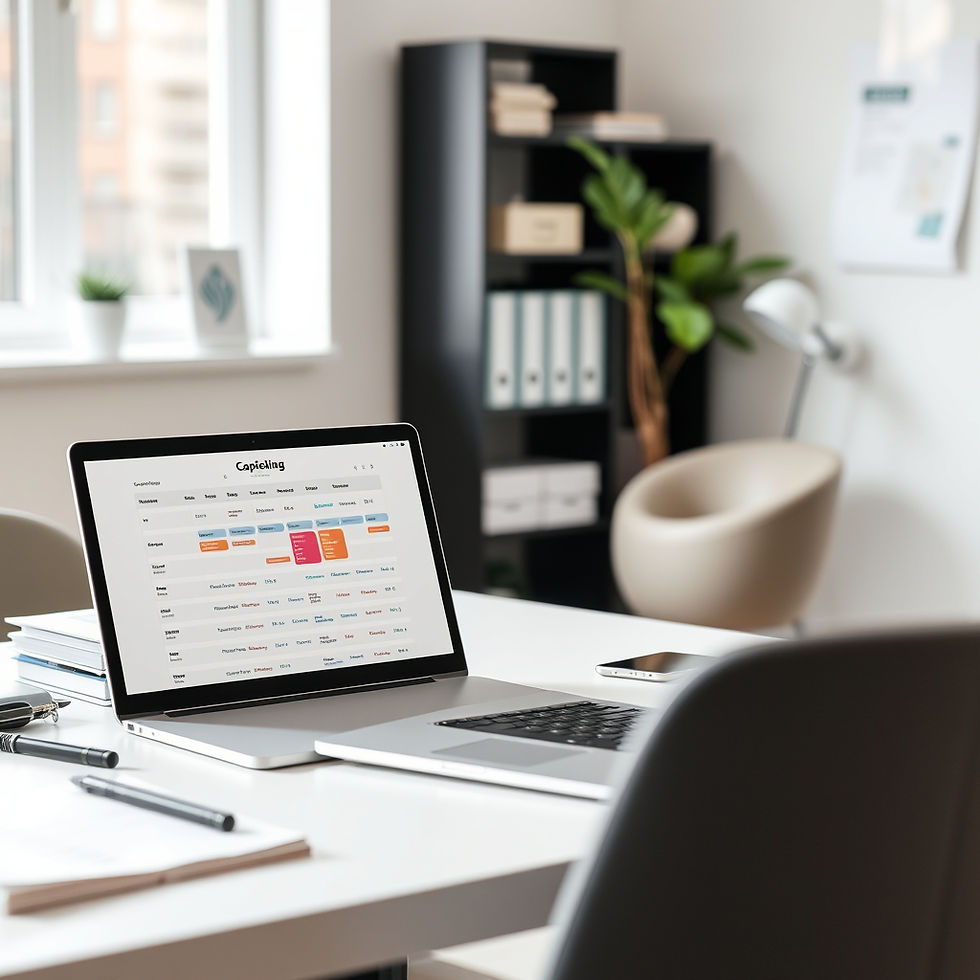 Laptop on a white desk displaying calendar software. Office setting with shelves, a plant, and soft lighting. Calm and organized atmosphere.