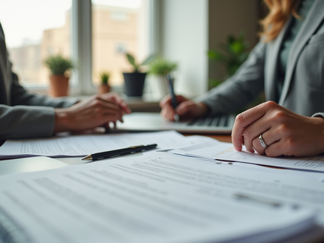 2 people at a desk at a meeting over paperwork