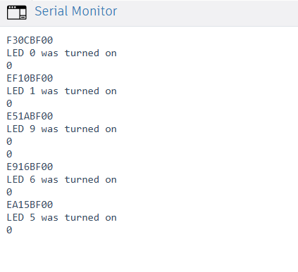 Serial Monitor displaying the decoded hexadecimal IR commands and the corresponding LED ON/OFF status during simulation.