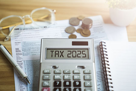 Financial Tax Preparation for 2025 Featuring Calculator, Income Tax Forms, Money, and Supp