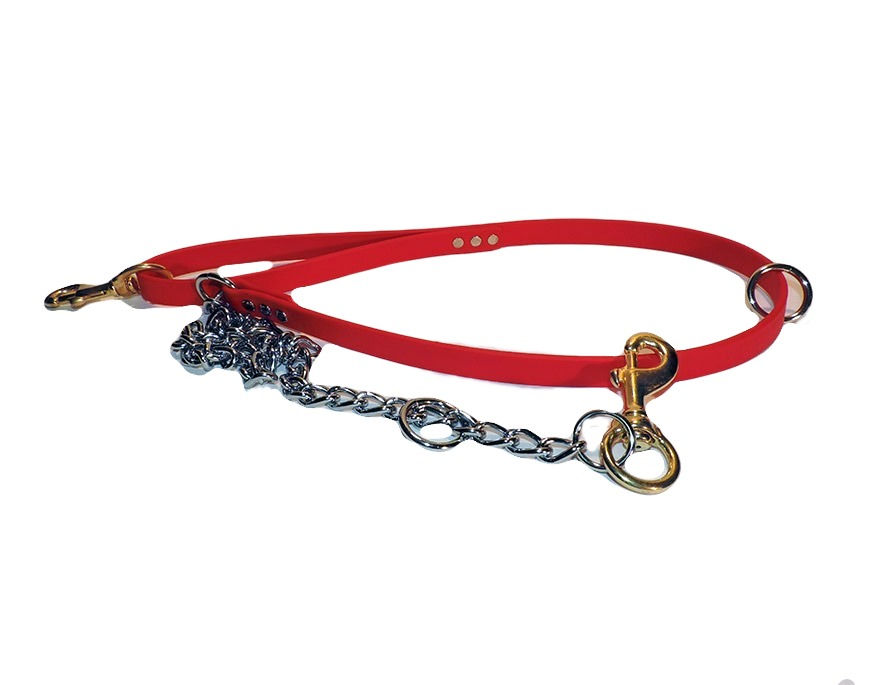 Thumbnail: Red Beta 3/4 inch wide dog leash with chain. Floating ring on beta and chain. Solid brass snap in handle and on  chain.