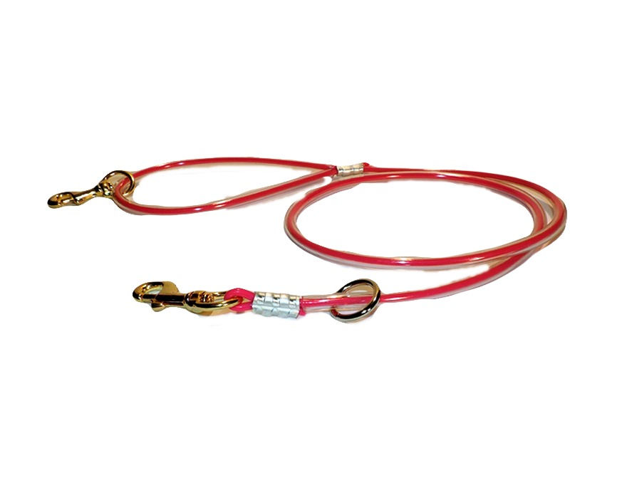 Thumbnail: Neon pink all cable lead 5 foot long with solid brass snap in handle and on the dog end. Leash has floating ring also.