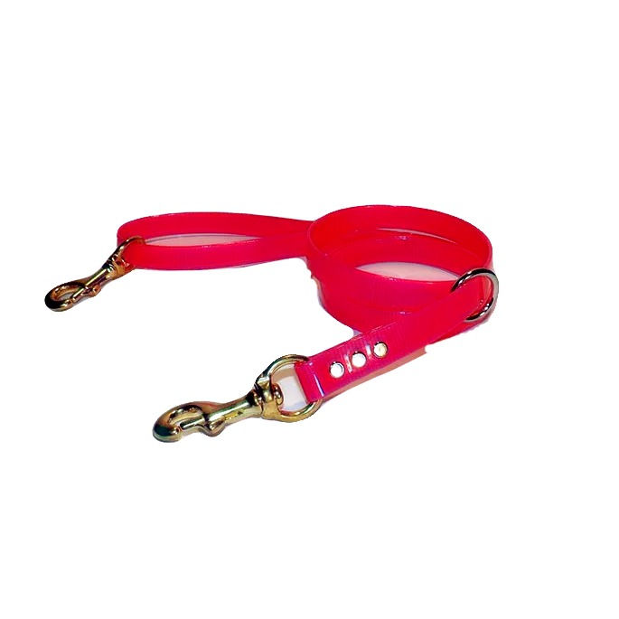Thumbnail: Neon pink 3/4 inch wide all dayglo dog lead with brass snap in handle and and on dog end. Also has a floating ring.
