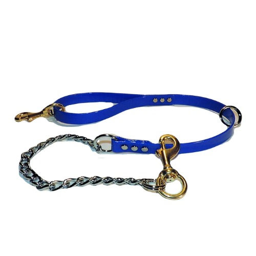 Thumbnail: Blue dayglo lead with chain, snap on each end and floating ring on lead