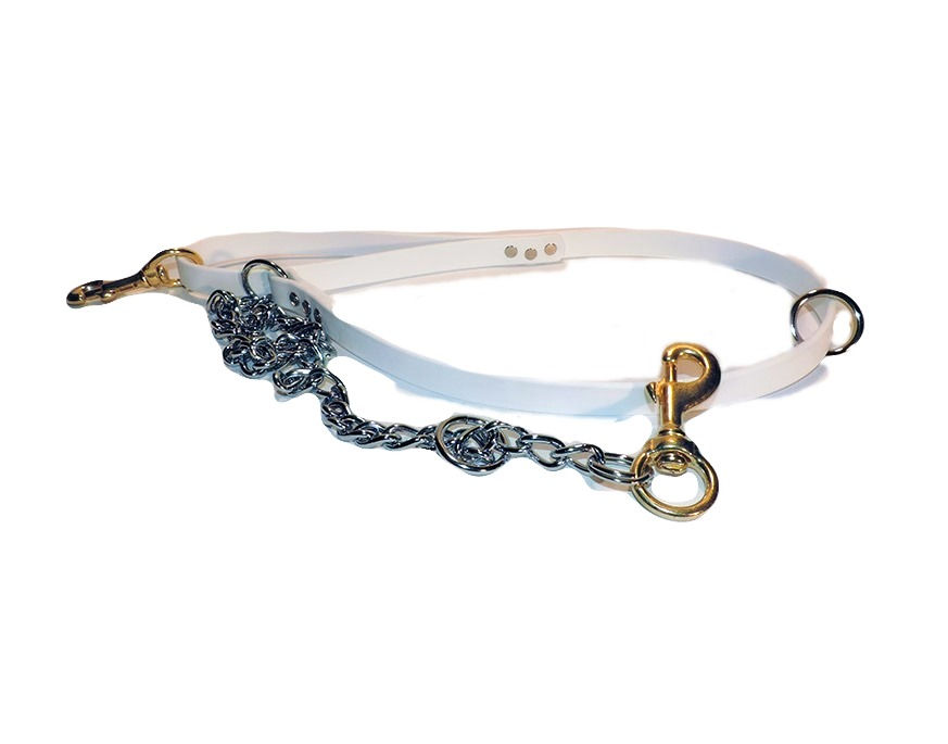 Thumbnail: White Beta 3/4 inch wide dog leash with chain. Floating ring on beta and chain. Solid brass snap in handle and on  chain.