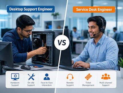 Comparison of Desktop Support Engineer and Service Desk Engineer roles, responsibilities, skills, and career paths at Evision Technoserve