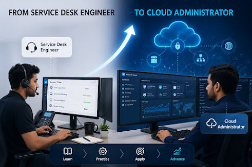 IT professional transitioning from service desk role to cloud administrator managing cloud infrastructure