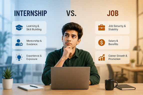 Comparison between IT internship and full-time job opportunities for fresher professionals starting their tech careers
