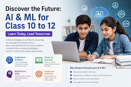Students from Class 10 to 12 learning Artificial Intelligence, Machine Learning, Python programming, and future technology skills through practical training