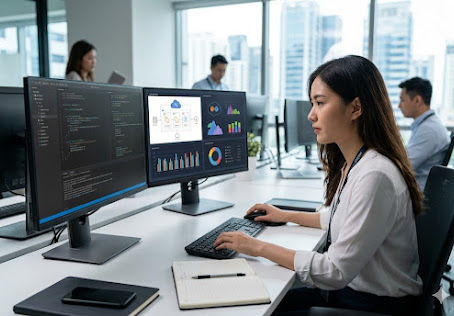 Student learning Azure cloud administration skills during entry level AZ-104 training program