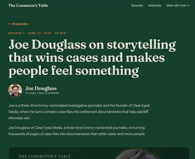 Screen capture from The Connector's Table podcast page featuring an interview with Joe Douglass, founder of Clear Eyed Media