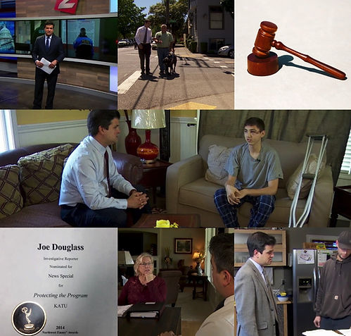 Collage of images of Clear Eyed Media founder Joe Douglass working as a 3x Emmy-nominated TV reporter.