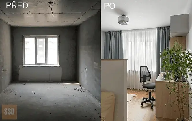 Zrekonstruovaný pokoj před a po