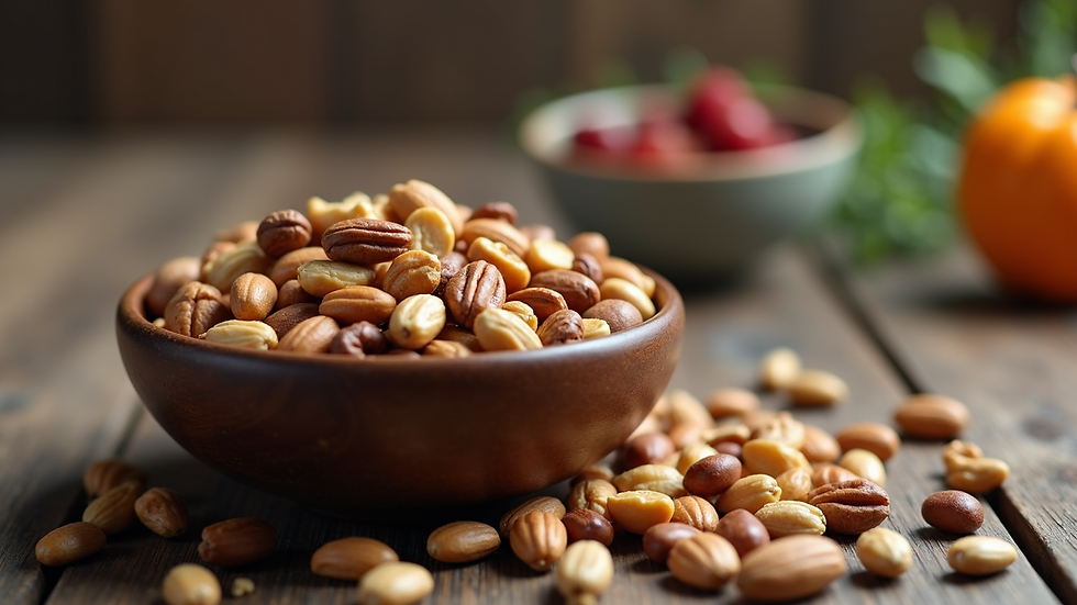 Eye-level view of a bowl of mixed nuts and seeds on a wooden table