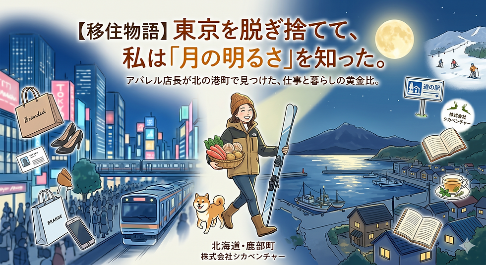 【移住物語】東京を脱ぎ捨てて、私は「月の明るさ」を知った。アパレル店長が北の港町で見つけた、仕事と暮らしの黄金比。北海道・鹿部町、株式会社シカベンチャーの採用情報のアイキャッチイラスト。東京の街並みから、満月が照らす豊かな港町へと移住した女性が描かれています。