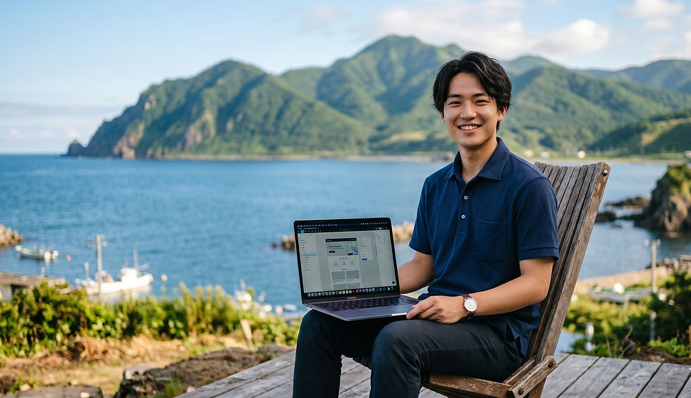 海辺の鹿部町でワーキングをしている若い男性