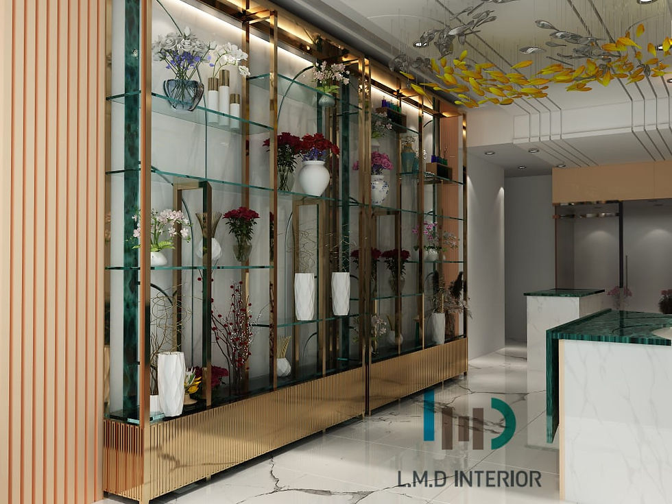 Floral retail shelving wall with integrated lighting by Abu Dhabi interior design company