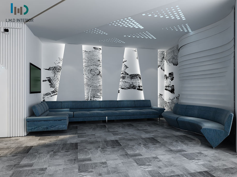 Modern VIP waiting area with integrated wall lighting and blue seating