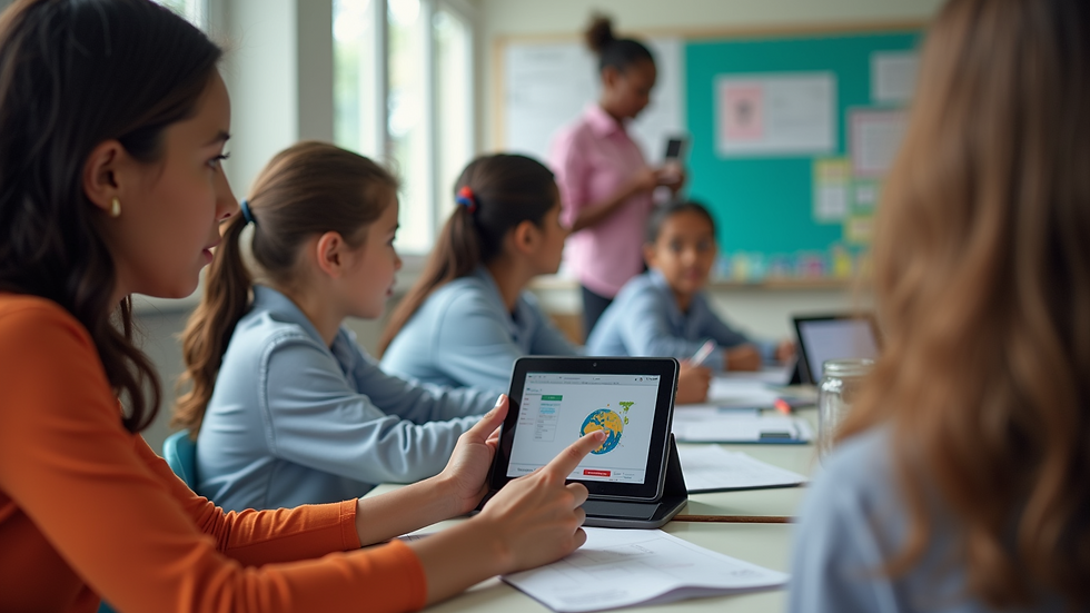 Close-up view of a teacher using a tablet to instruct students in a classroom