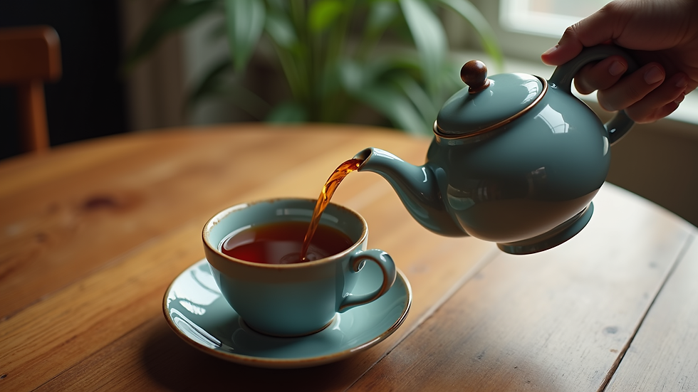 High angle view of a ceramic teapot pouring black tea into a cup