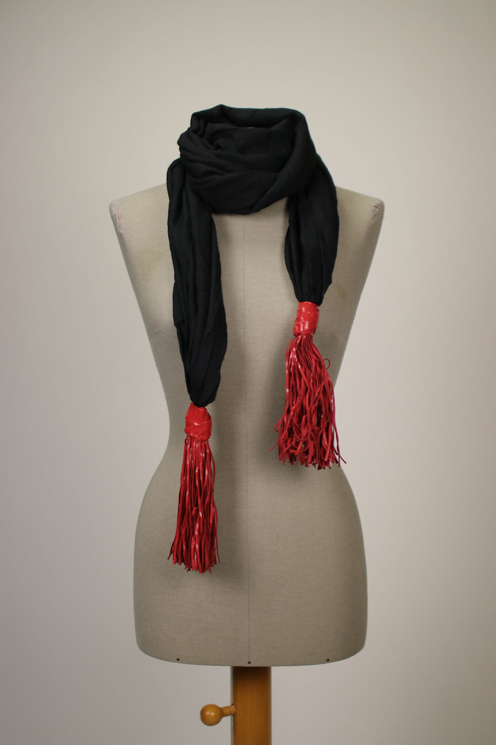Thumbnail: Vintage GIORGIO ARMANI Black Cotton and Leather Pompom Scarf