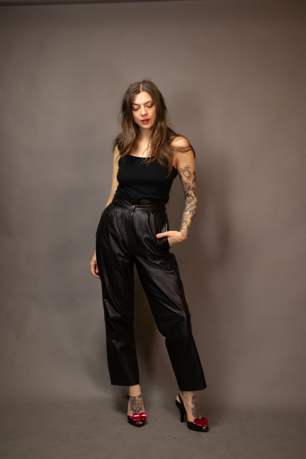 Thumbnail: 1980s High Waisted Black Leather Pants - Size S