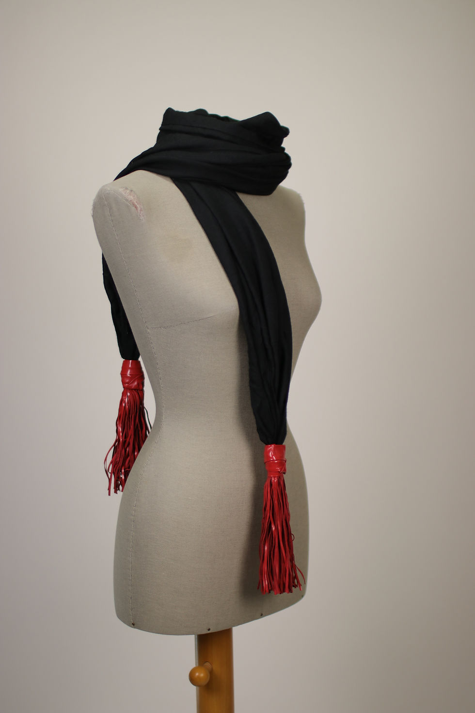 Thumbnail: Vintage GIORGIO ARMANI Black Cotton and Leather Pompom Scarf