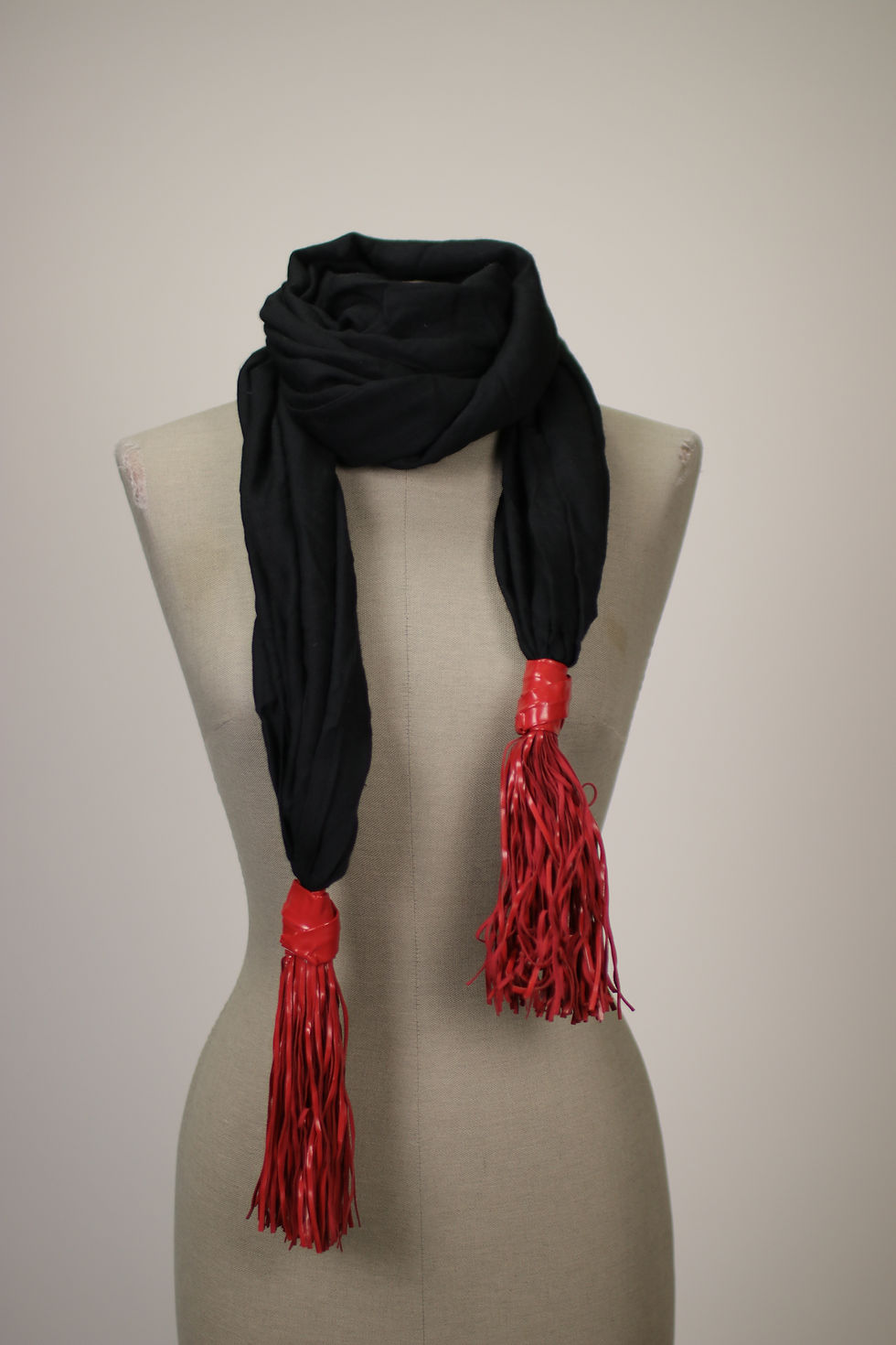 Thumbnail: Vintage GIORGIO ARMANI Black Cotton and Leather Pompom Scarf