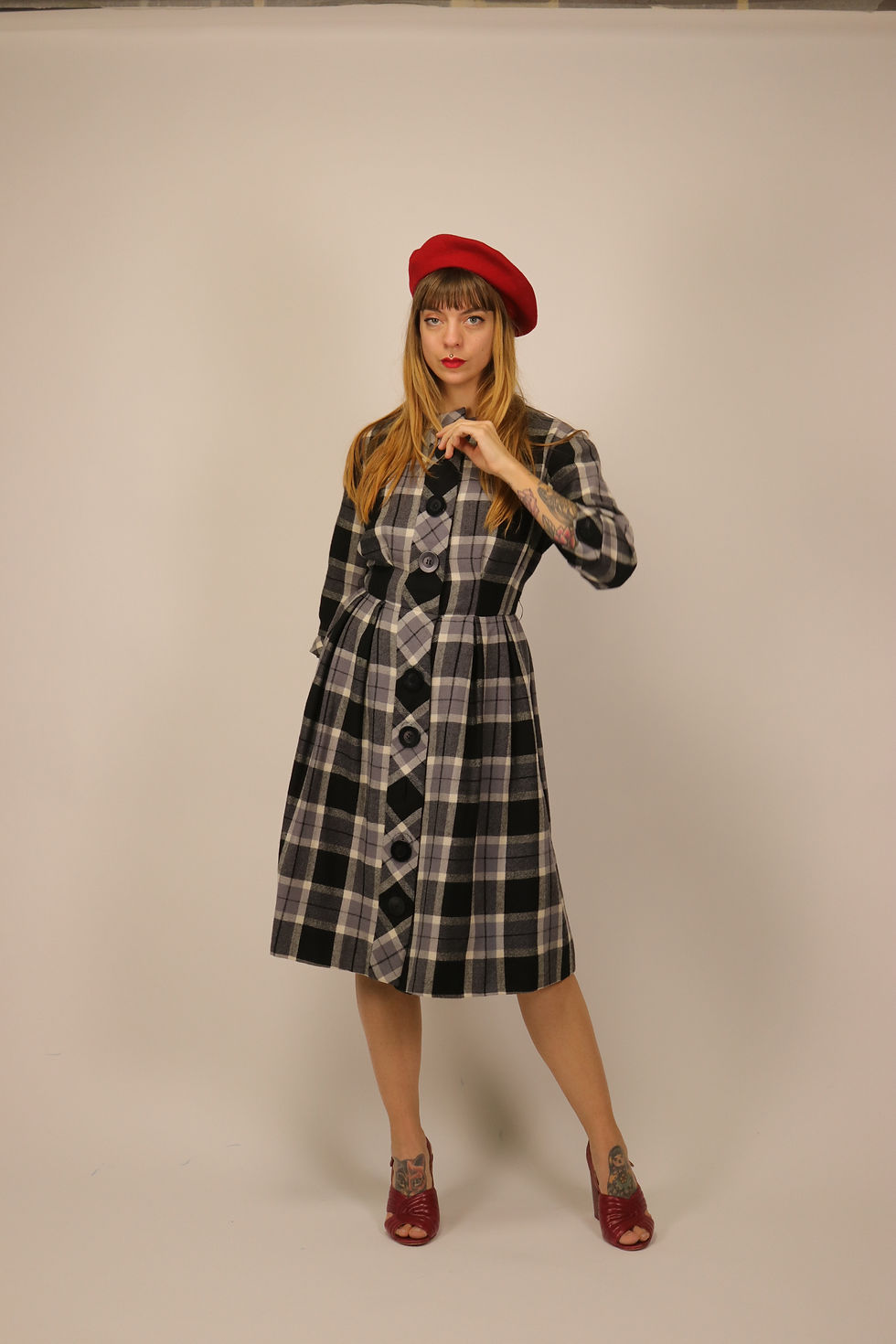 Thumbnail: 1950s Tartan Wool Winter Dress - Size S