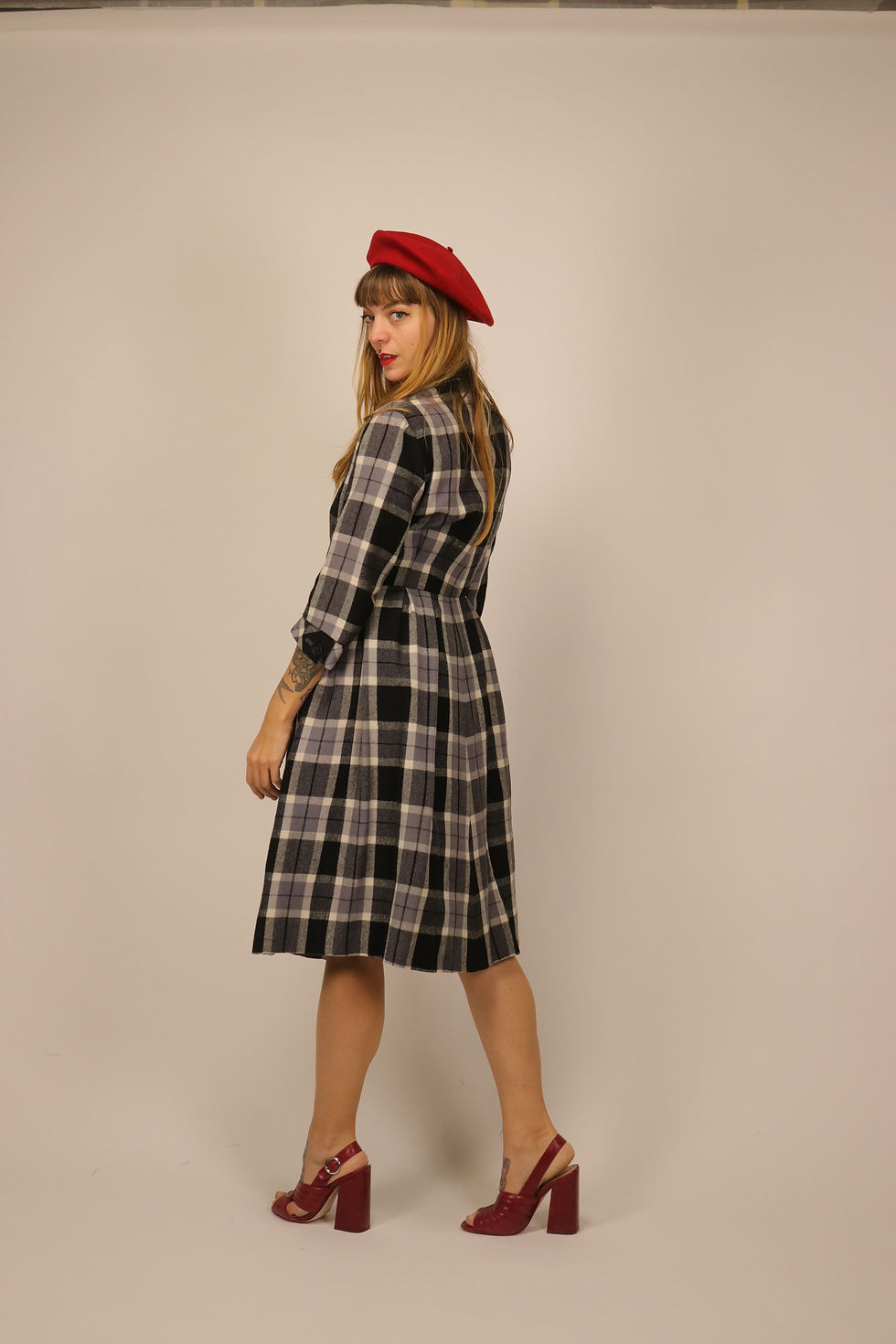 Thumbnail: 1950s Tartan Wool Winter Dress - Size S