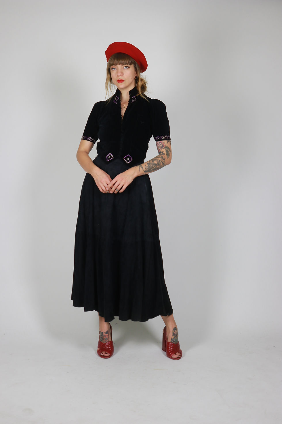 Thumbnail: 1930s Black Velvet Embroidered Cardigan - Size Xs/S