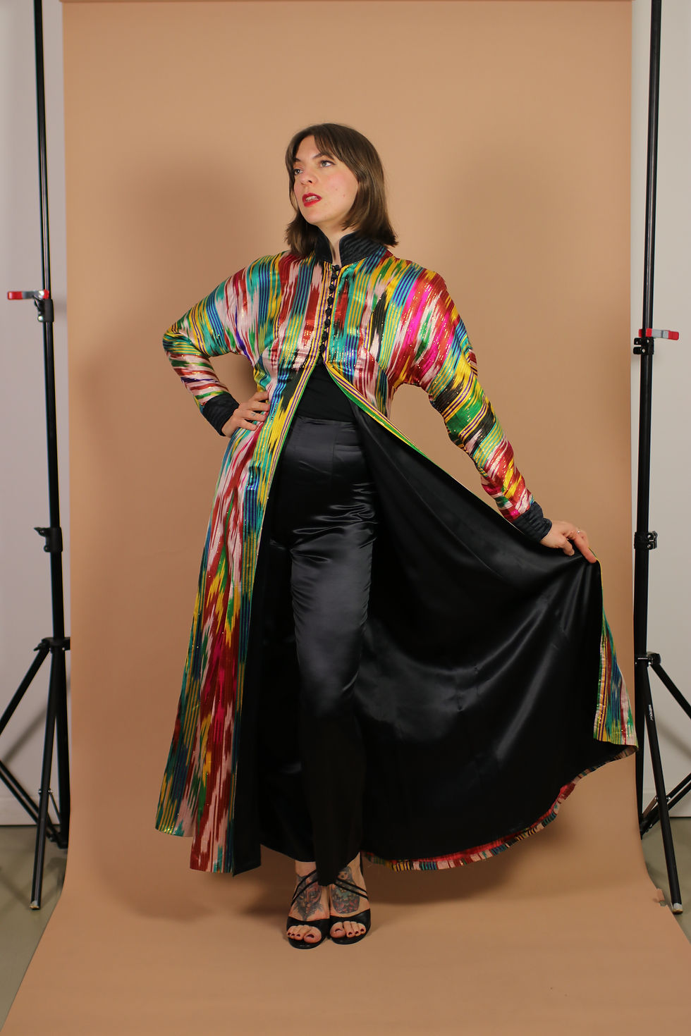 Thumbnail: vintage Traditional Uzbek Silk UZBEK IKAT CHAPAN Set Pants and Coat - Size Xs