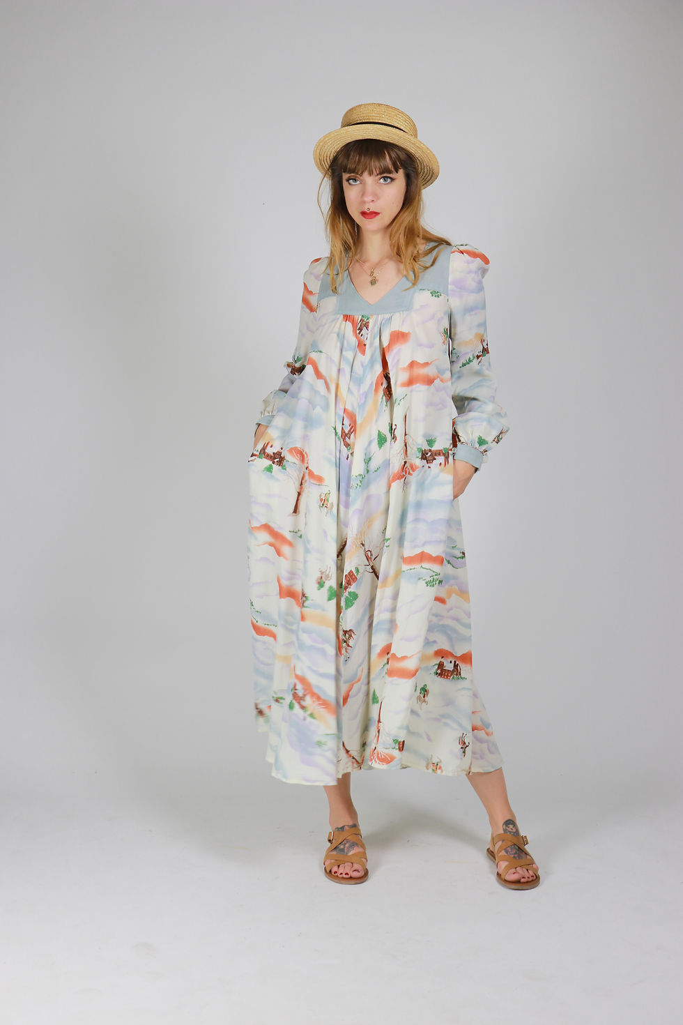 Thumbnail: 1970s Maxi Peasent Dress - Size M