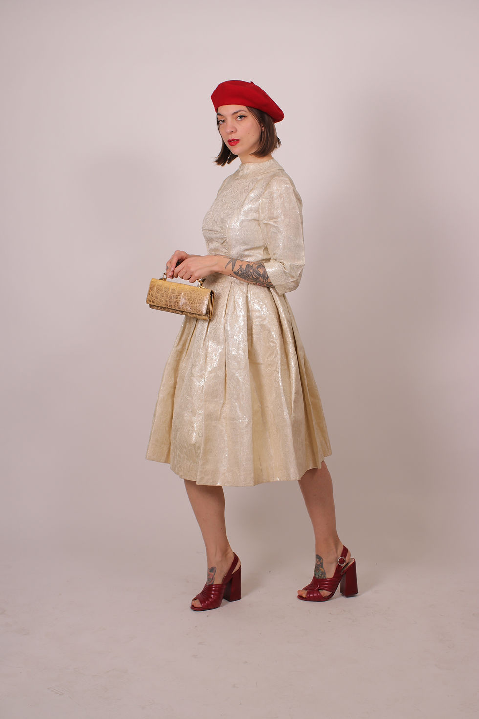 Thumbnail: 1950's New look Brocade Ivory Wedding Dress - Size S