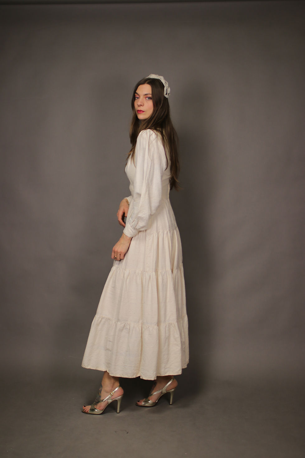 Thumbnail: 1970's Raw Silk White Wedding Dress - 70's Bohemian Maxi Silk Dress - Size S-M