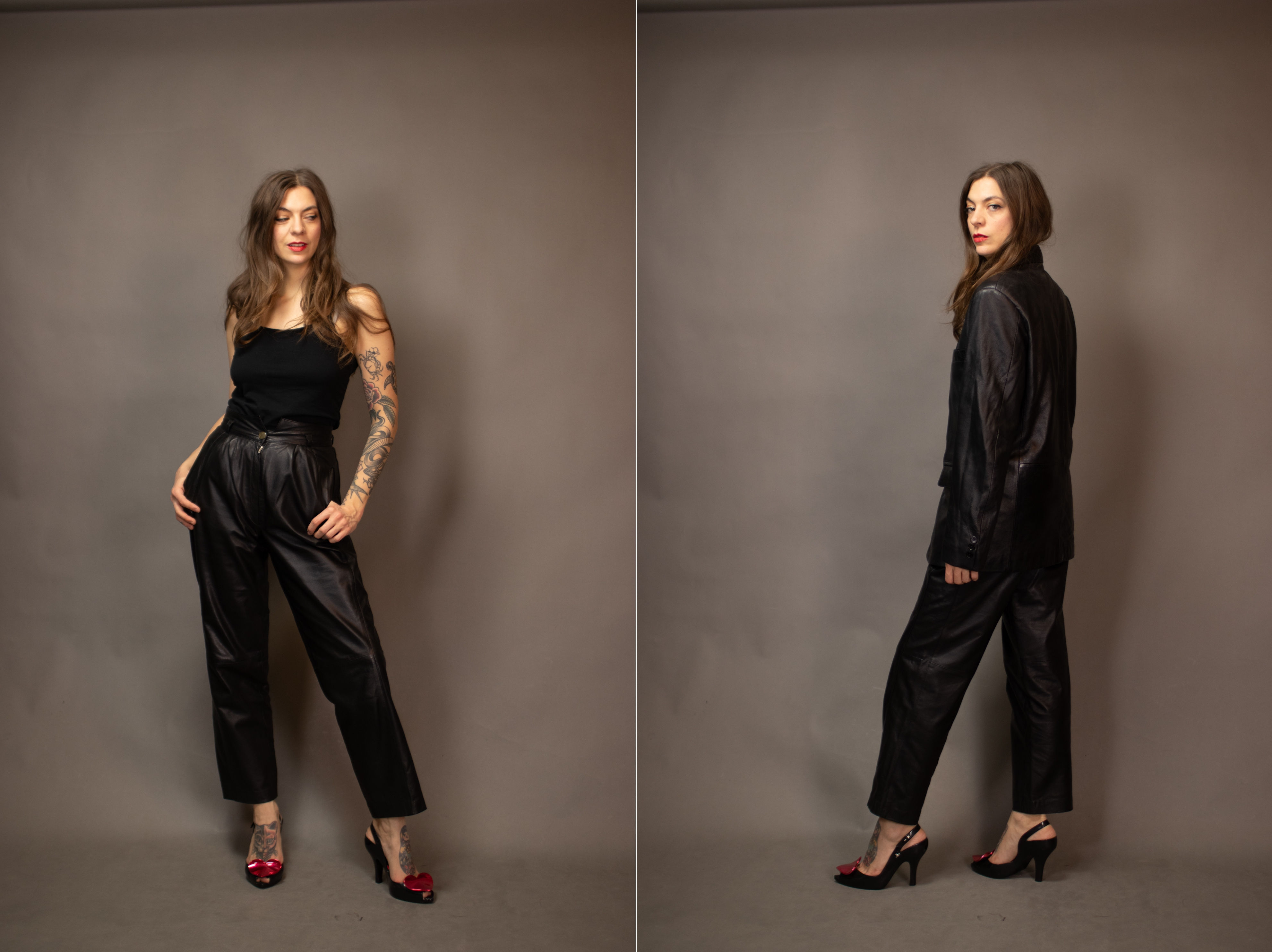 1980s High Waisted Black Leather Pants - Size S