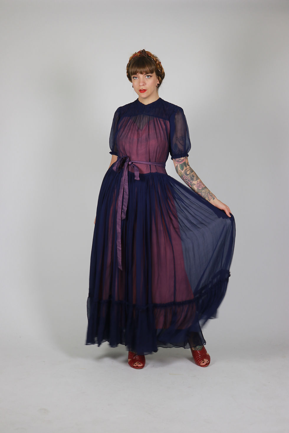 Thumbnail: 1940s SIlk Chiffon Navy Blue Dress - Size S-M