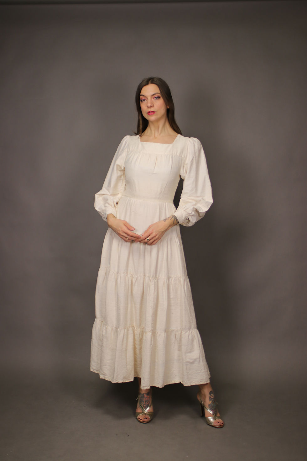 Thumbnail: 1970's Raw Silk White Wedding Dress - 70's Bohemian Maxi Silk Dress - Size S-M
