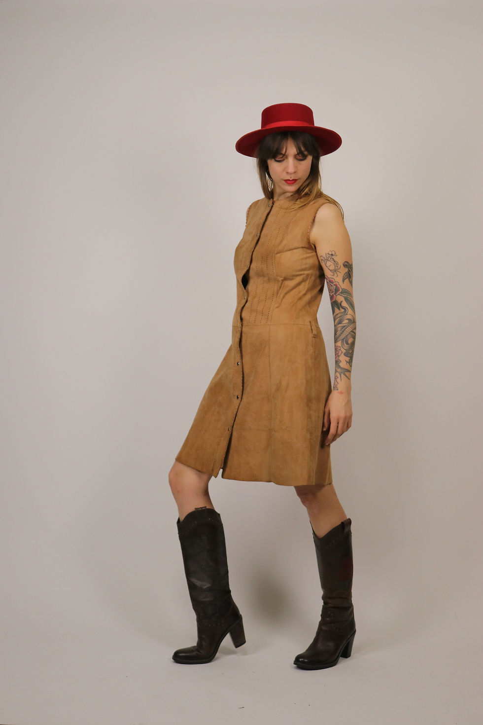 Thumbnail: 1960s Brown Suede Leather Dess - Size S-M