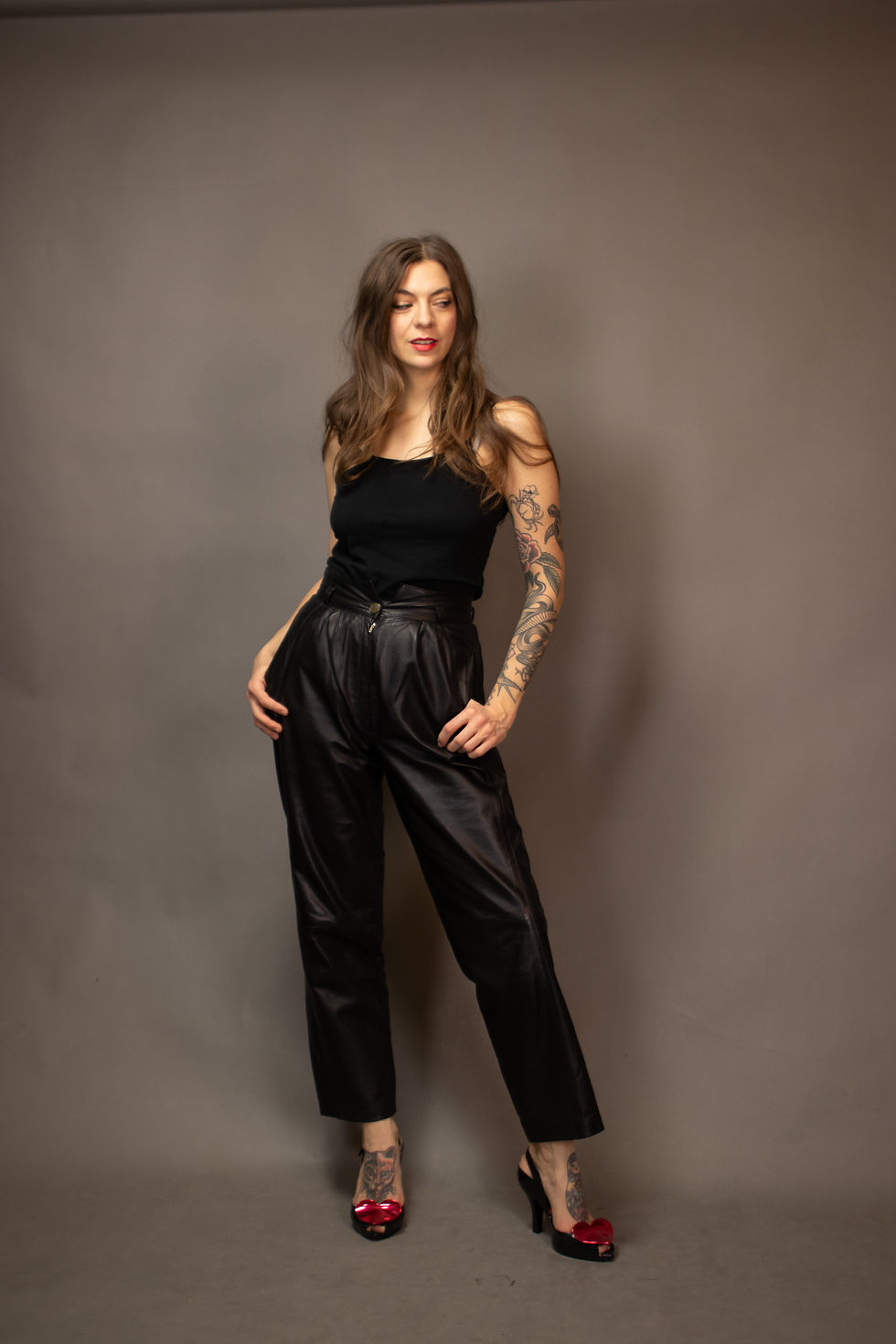 Thumbnail: 1980s High Waisted Black Leather Pants - Size S